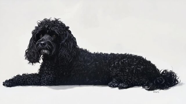 Elegant Black Cockapoo Dog Laying Down on a White Background in Multiple Rows