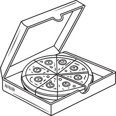 This collection of black and white line art illustrates various views of a pizza box, some including a slice of pizza or the entire pizza inside