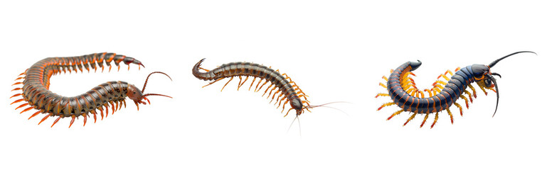 Three millipedes isolated on transparent background