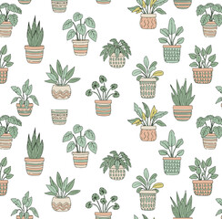 Charming Potted Plants Seamless Pattern A Delightful Collection of Houseplants in Pastel Pots
