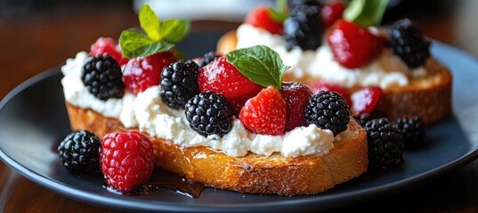 breakfast bruschetta with toasted bread topped with ricotta cheese- honey and fresh berries.