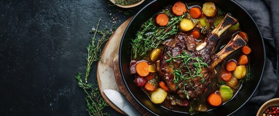 Braised lamb shank with herbs and vegetables