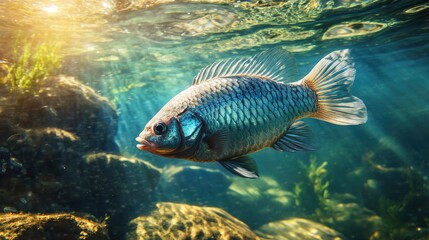 Fototapeta premium Underwater view of a fish swimming near rocks and plants. Sunlight streams through the clear water