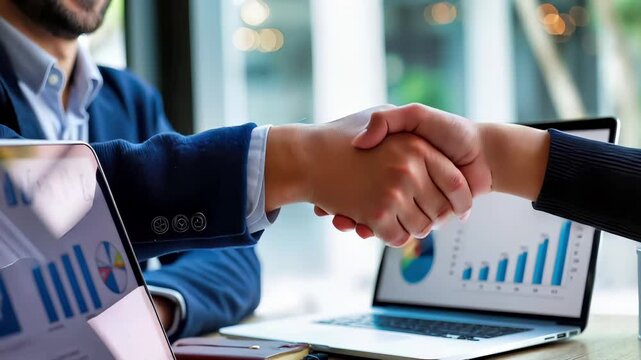 Business handshake deal with laptop analytics charts, professional partnership agreement. Corporate meeting with data analysis, finance reports, successful collaboration in office.