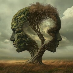 Two faces merge into a single, large tree, surreal portrait against a cloudy sky over a field