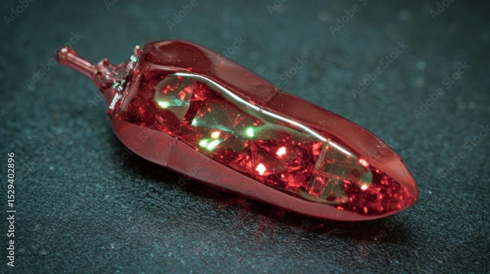 Aufkleber red chili pepper shaped object with sparkling glitter inside, resting on a dark textured surface, sh