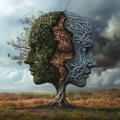 Two faces, one tree, a split personality, nature and human merge, dramatic sky, field setting