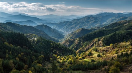 Serene Mountain Panorama: Breathtaking View of Rolling Hills and Lush Forests