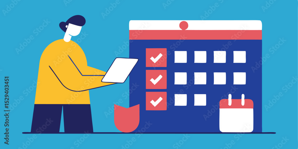 Poster person using tablet to check off tasks on a calendar