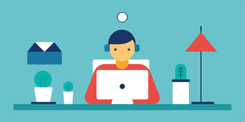 Person working from home on computer with plants and lamp