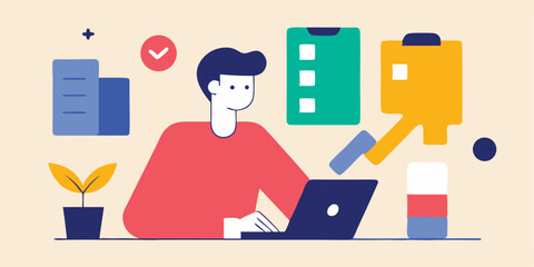 Young man working on laptop with colorful task management system