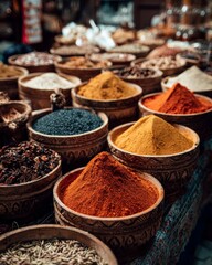 Colorful spices displayed at a market stall.