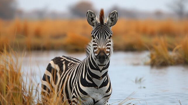 A striking zebra stands in a grassy wetland, showcasing its iconic black and white stripes that signify uniqueness and the beauty of wildlife in its natural habitat.