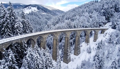 Snowcovered viaduct with winter mountains.