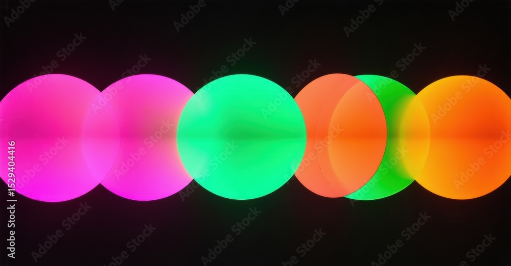 Poster Bright overlapping circles. Vivid colors blend, creating gradient effects. Minimalist design, dark background enhances luminosity.