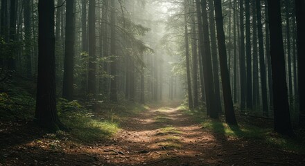 Obraz premium Forest path illuminated by sunlight