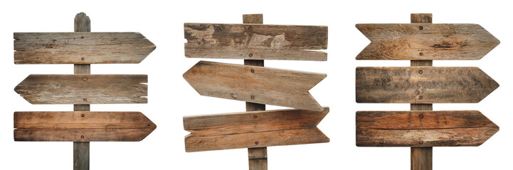 Obraz premium Rustic wooden arrow signs collection isolated on old path road image guide on transparent background