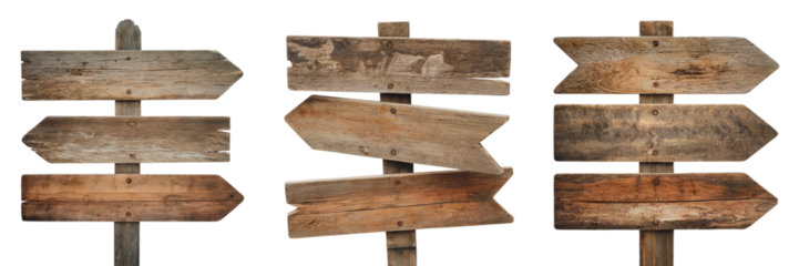 Rustic wooden arrow signs collection isolated on old path road image guide on transparent background