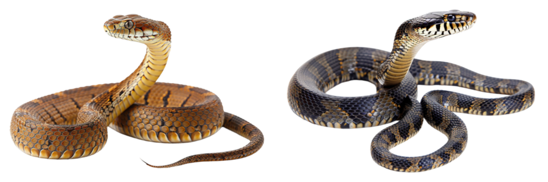 Two snakes on black ground on transparent background