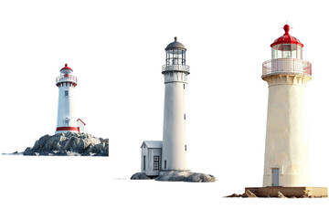 Three lighthouses stand on transparent background