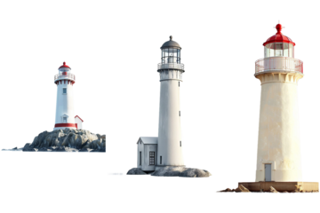 Three lighthouses stand on transparent background