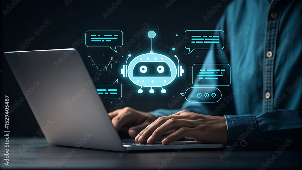 Aufkleber person working on a laptop with an ai chatbot interface for technology solutions.