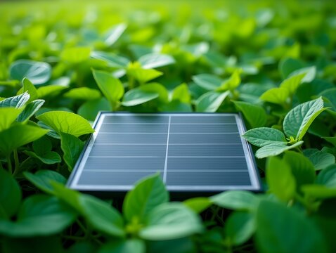 solar panel among green leaves, green energy, eco-friendly technology and sustainable lifestyle.