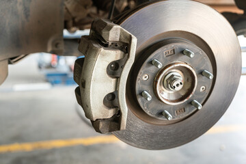 Car wheel disc brake and caliper part that disassembled from inspection. Vehicle equipment part...