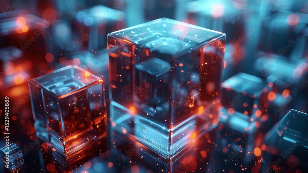 Aufkleber a mesmerizing arrangement of transparent cubes illuminated by dynamic colorful lights creates a vibr