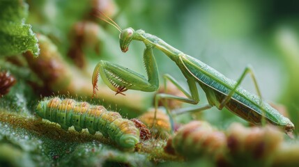 Naklejka premium Organic pest control method. Close-up of a praying mantis observing a caterpillar on lush green foliage.