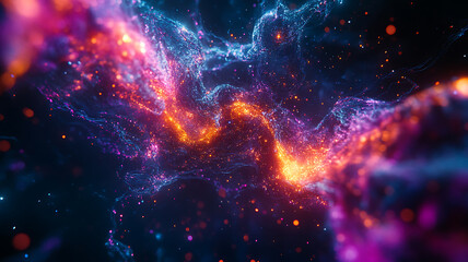 Abstract cosmic nebula swirling with vibrant orange blue and purple colors in space