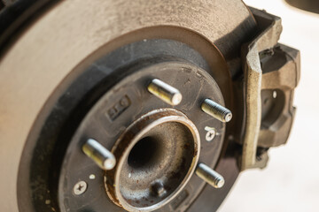 Car wheel disc brake and caliper part that disassembled from inspection. Vehicle equipment part object, close-up with selective focus.