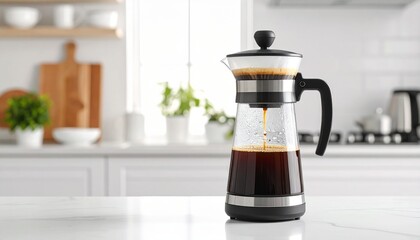 A transparent stovetop coffee maker sits on a marble countertop, showcasing the dark brew within against a blurred modern kitchen backdrop in a bright home.