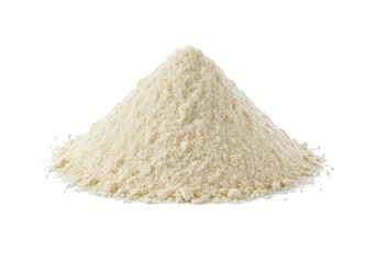 A close-up view of a mound of fine flour on a white background, ideal for cooking