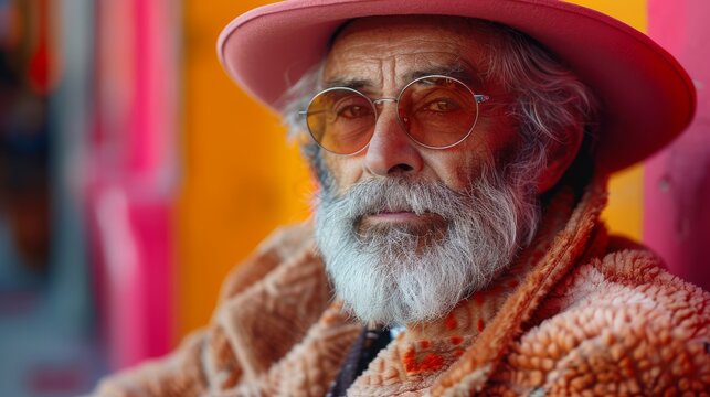 A sophisticated elderly man with a distinct style, wearing round sunglasses and a large pink hat, showcases confidence and individuality against a vibrant background.