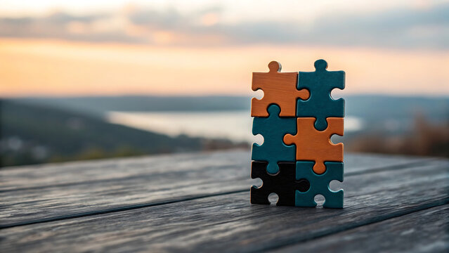 Stacked colorful puzzle pieces on a wooden table with scenic landscape background