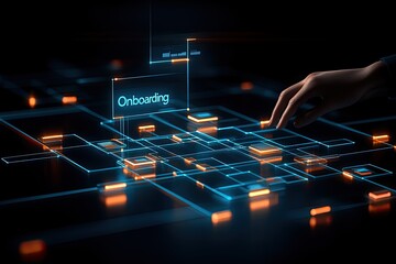 A hand interacts with a glowing, interconnected network of digital blocks.  The word "Onboarding" is highlighted