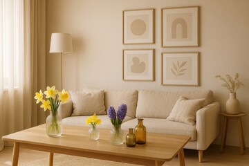 Monochrome Minimalist Living Room with Soft Lighting