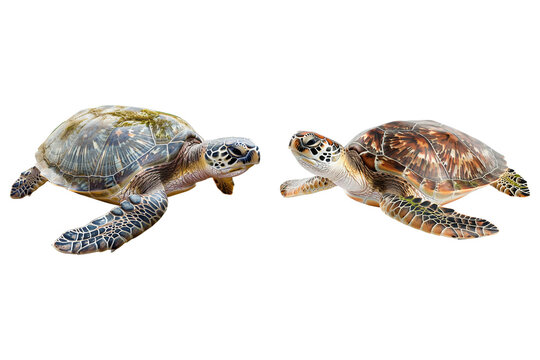 Two turtles facing each other on transparent background
