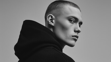 Black and White Portrait of Young Man with Short Hair and Hoodie
