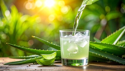 Fresh aloe vera juice is poured into a glass with ice cubes near aloe leaves and lime slices on a wooden table with sunlight on a blurred green background.