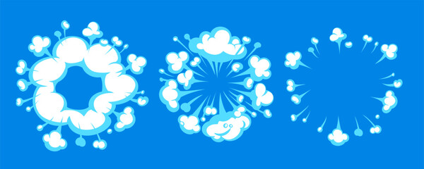 Exploding cartoon cloud vector with comic-style radial burst and puff elements on blue background. Cloud and explosion vector shapes in cartoon comic style. Great for effects, games, posters