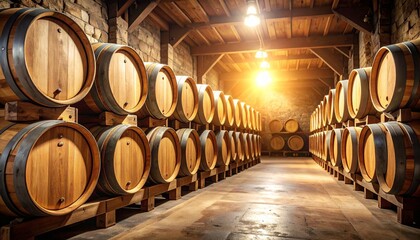 Rows of oak barrels filled with aging wine rest in the dimly lit cellar of a winery, creating a rustic and traditional atmosphere for sto fine wines.