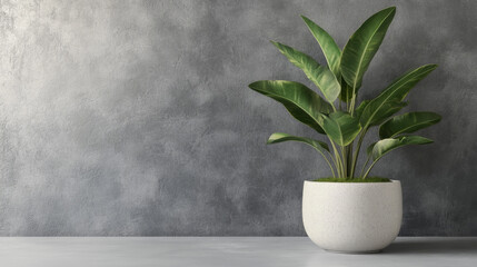 Modern Green Plant in White Textured Pot Against Gray Wall