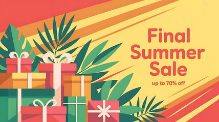 Final Summer Sale: Up to 70% off on gifts surrounded by tropical leaves.