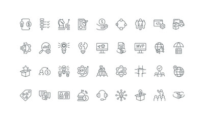 Investment to innovation, marketing thin black outline symbols vector illustration. Business startup, process of project management, idea for improvement and implementation line icon set.