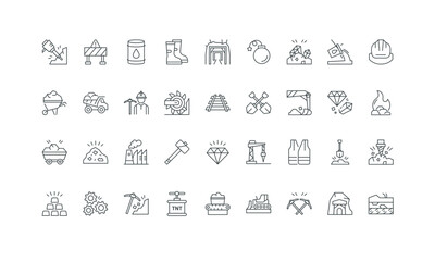 Ground layers and tunnel, conveyor thin black outline symbols vector illustration. Mining, coal mine and miners tools, mineral ore and gold, diamond extraction, crusher machine line icon set.