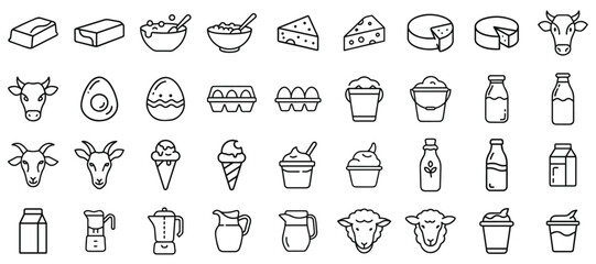 Simple Line Art Icons Representing Dairy and Related Products. A collection of simple, black line art icons depicting various dairy products and related items, such as butter, cheese, eggs, milk, yogu © Parvez