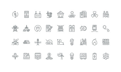 Charge station of electric car, battery, oil barrel and coal thin black symbols vector illustration. Power energy plant, electricity production, types of renewable generators line icon set.