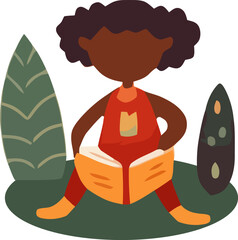 Girl child enjoys reading a book in a vibrant outdoor setting amidst lush greenery during a sunny day